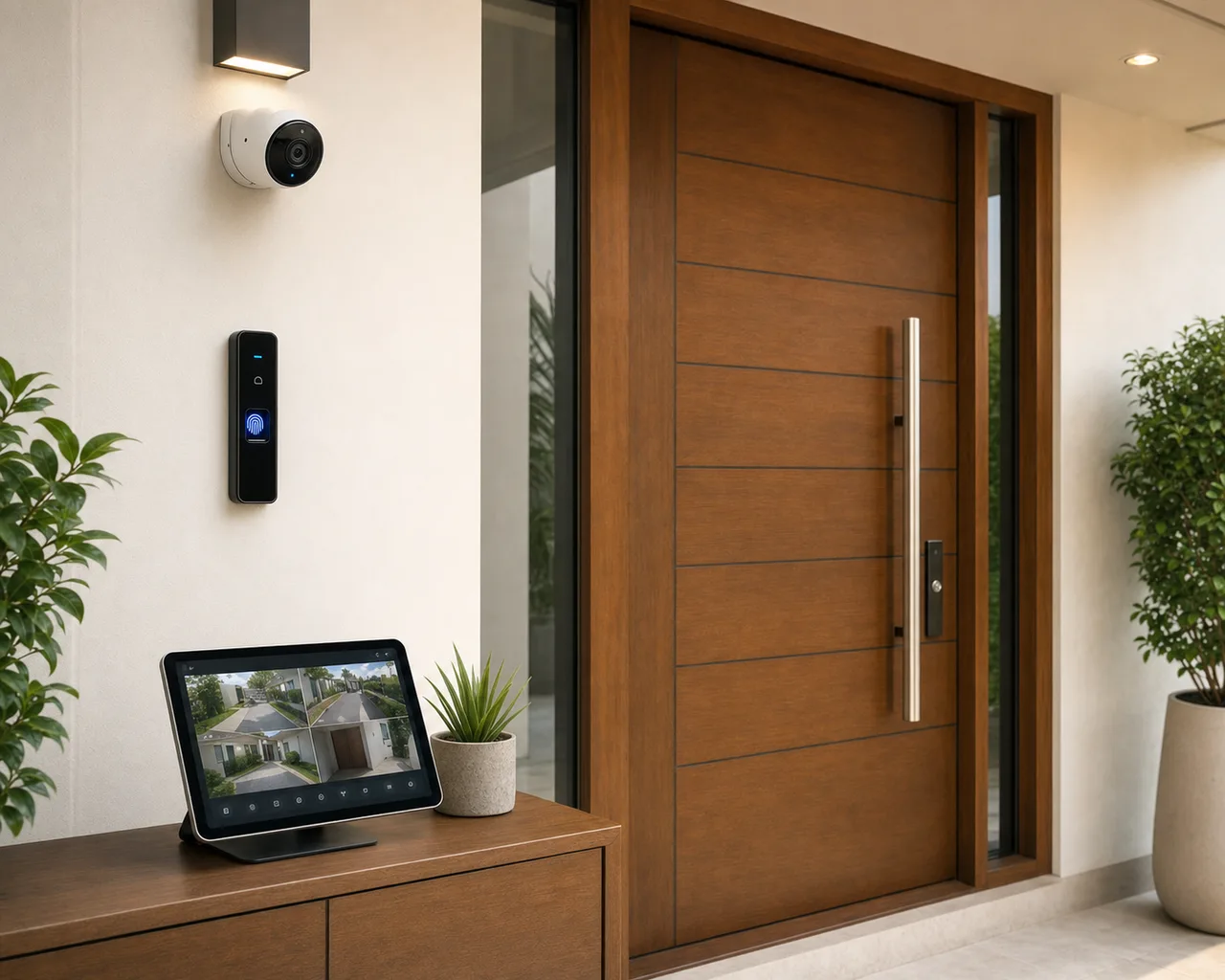 CCTV camera, biometric access reader, and smart security monitoring display